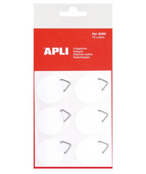 Apli Pack de 12 Colgadores Autoadhesivos Redondos Ø 30mm - Triangulo Metalico de Soporte - Base Adhesiva Blanca - Gran Resistenc