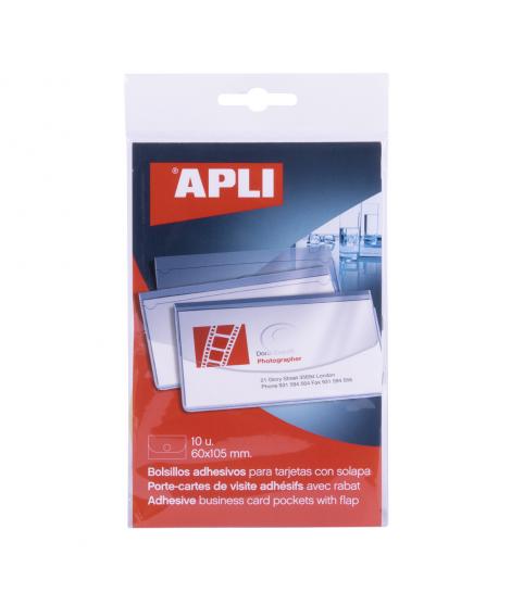 Apli Bolsillos Adhesivos Porta Tarjetas con Solapa de Cierre - Pack de 10 - 100 x 60mm - Ideal para Presentaciones Impresas, Dos