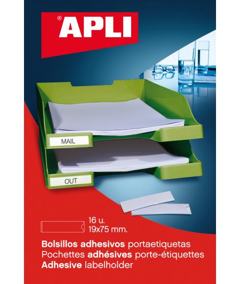 Apli Bolsillos Adhesivos para Etiquetas - Tamaño 19 x 75mm - Cambia la Informacion de la Etiqueta Segun tus Necesidades - 16 Bol