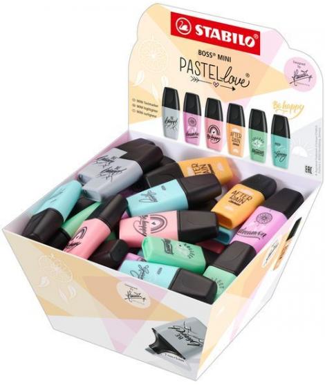 Stabilo Boss Mini Pastellove Expositor con 50 Marcadores Fluorescentes - Trazo entre 2 y 5mm - Tinta con Base de Agua - Antiseca