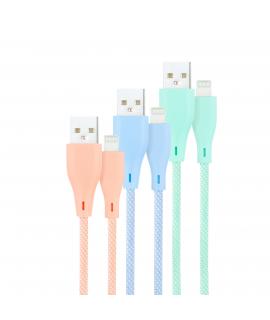 Nanocable Pack de 3 Cables Mallados USB-A Macho a Lightning Macho - Longitud 1m - Colores Pastel Rosa, Verde y Azul