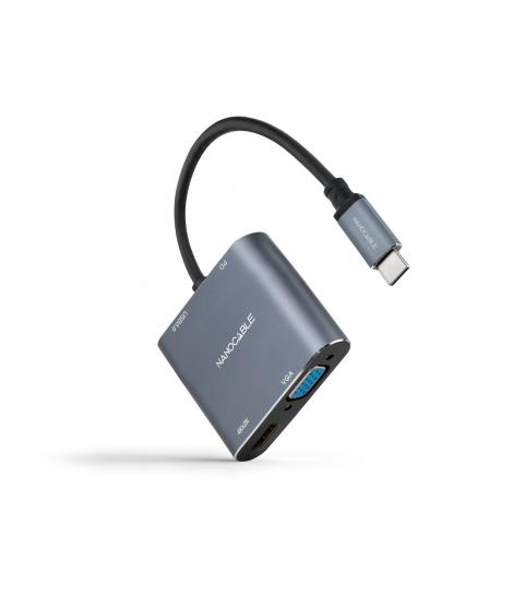 Nanocable Conversor USB-C a HDMI, VGA, USB 3.0 y USB-C PD - Longitud del Cable 15cm - Color Gris