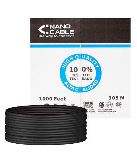 Nanocable Bobina de Cable de Red Rigido Impermeable para Exterior RJ45 Cat.6 UTP AWG24 305m - Color Negro