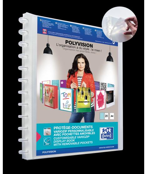 Oxford Polyvision Variozip A4+ Carpeta de Fundas Removibles - Tapa de Plastico Personalizable - 20 Fundas Transparentes - Organi