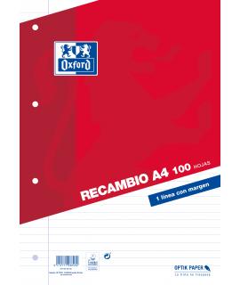 Oxford Classic Recambio de 100 Hojas Sueltas A4 1 Linea Horizontal con Margen 4 Taladros