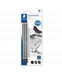 Staedtler Mars Lumograph Charcoal 100C Pack de 3 Lapices de Grafito + Difuminador - Alta Proporción de Carbon y Carboncillo - Gr