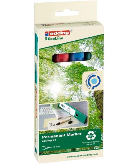 Edding 21 EcoLine Pack de 4 Rotuladores Permanentes - Punta Redonda - Trazo entre 1.5 y 3mm - 90% de Plastico Reciclado - Colore