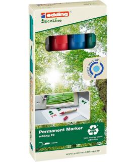 Edding 22 EcoLine Pack de 4 Rotuladores Permanentes - Punta Biselada - Trazo entre 1 y 5mm - 90% de Plastico Reciclado - Colores