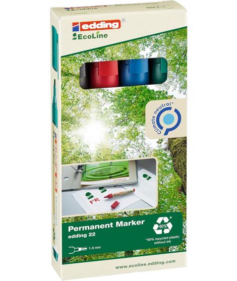 Edding 22 EcoLine Pack de 4 Rotuladores Permanentes - Punta Biselada - Trazo entre 1 y 5mm - 90% de Plastico Reciclado - Colores