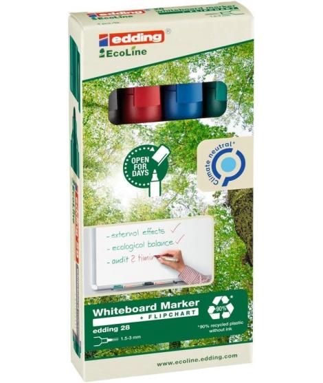 Edding 28 EcoLine Pack de 4 Rotuladores para Pizarra Blanca - Punta Redonda - Trazo 1.5-3mm - 90% de Plastico Reciclado - Borrad