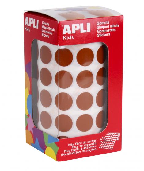 Apli Gomets Redondos Marron Permanentes - Ø 15mm - 59 Hojas Pretroqueladas - 2832 Gomets por Rollo - Ideal para Escuelas y Talle