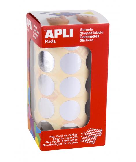 Apli Gomets Redondos Plata Metalizado Ø 20mm - 59 Hojas Pretroqueladas - 1770 Gomets por Rollo - Ideal para Escuelas y Talleres 