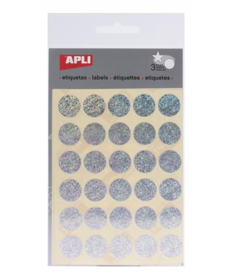 Apli Gomets Redondos Holograficos Ø 20mm - Adhesivo Permanente - 90 Gomets en 3 Hojas - Desarrollo de Habilidades y Creatividad 