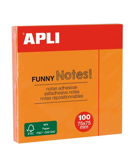 Apli Notas Adhesivas Funny 75x75mm - Bloc de 100 Hojas - Adhesivo de Calidad - Color Naranja Fluorescente