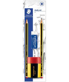 Staedtler 120 Pack de 2 Lapices de Grafito 2HB Hexagonales + 1 Sacapuntas con Deposito + 1 Goma de Borrar Mars Plastic -