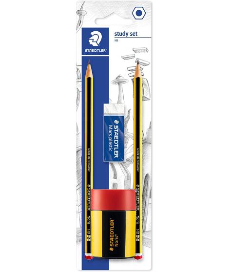 Staedtler 120 Pack de 2 Lapices de Grafito 2HB Hexagonales + 1 Sacapuntas con Deposito + 1 Goma de Borrar Mars Plastic -