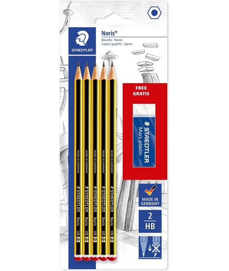 Staedtler Noris 120 Pack de 5 Lapices de Grafito Hexagonales 2HB + 1 Goma de Borrar Mars Plastic - Madera de Bosques