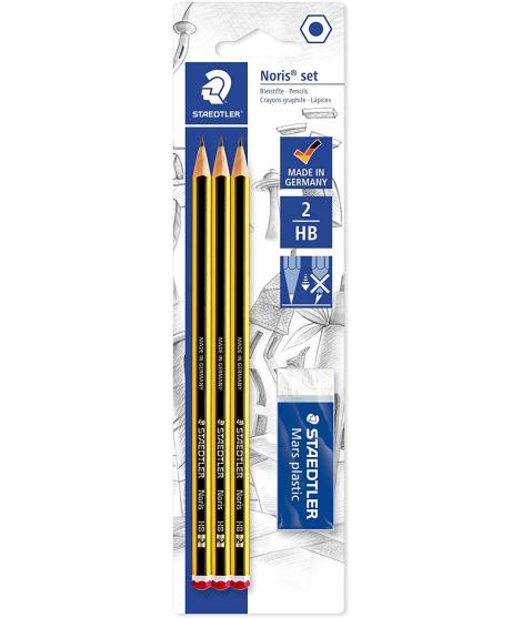 Staedtler Noris 120 Pack de 3 Lapices de Grafito Hexagonales 2HB + 1 Gomas de Borrar Mars Plastic - Madera de Bosques