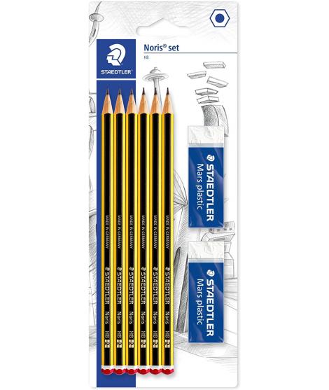 Staedtler Noris 120 Pack de 6 Lapices de Grafito Hexagonales 2HB + 2 Gomas de Borrar Mars Plastic - Madera de Bosques