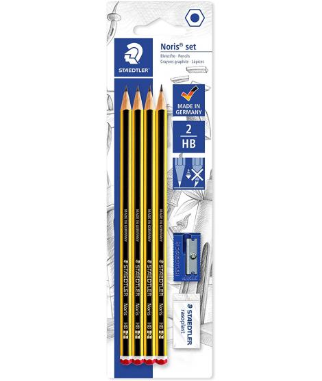 Staedtler Noris 120 Pack de 4 Lapices de Grafito Hexagonales 2HB + 1 Goma de Borrar Rasoplast + 1 Sacapuntas - Resistencia a la 