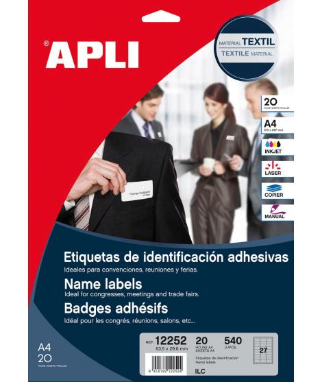 Apli Etiquetas Textiles de Identificacion Adhesivas con Cantos Romos - Tamaño 63.5 x 29.6mm - Adhesivo Removible - Pack de 20 Ho