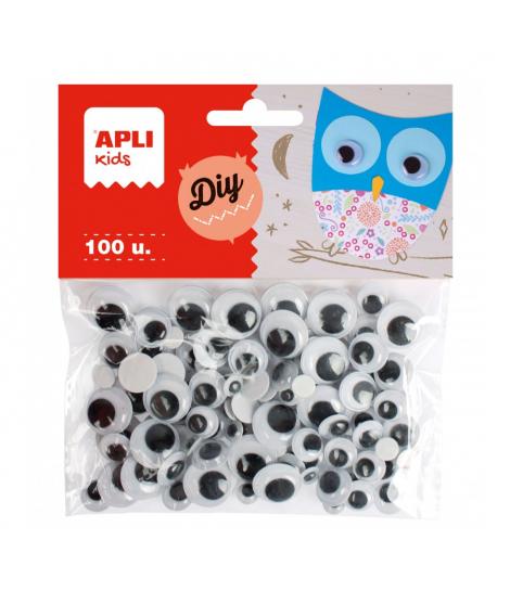 Apli Pack de 100 Ojos Moviles Redondos Adhesivos - Medidas Surtidas Ø 7 mm, Ø 10 mm, Ø 12 mm y Ø 15 mm - Color Negro