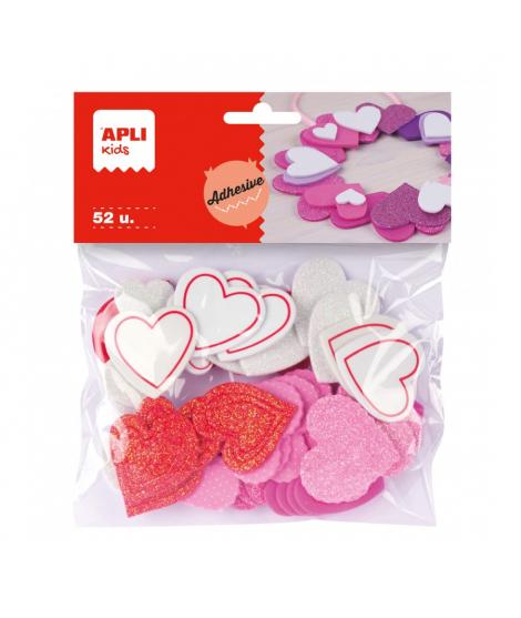 Apli Formas de Corazones Adhesivas de Goma Eva - 52 Formas - Medidas Surtidas - Material Suave y Seguro - Colores Surtidos Purpu