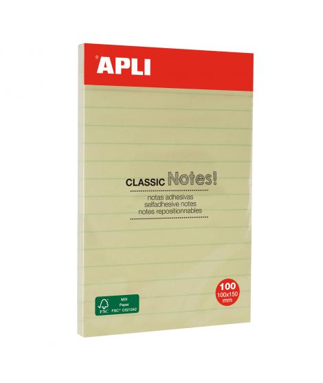 Apli Notas Adhesivas Classic con Lineas 100x150mm - Bloc de 100 Hojas - Adhesivo de Alta Calidad - Facil de Despegar - Amarillo