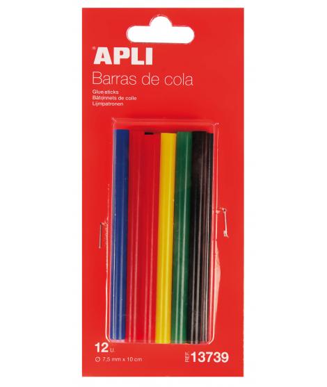 Apli Pack de 12 Barras Termofusibles de Colores Surtidos Ø7.5mmx10cm - Adhesion Instantanea en Multiples Superficies - No Gotea 