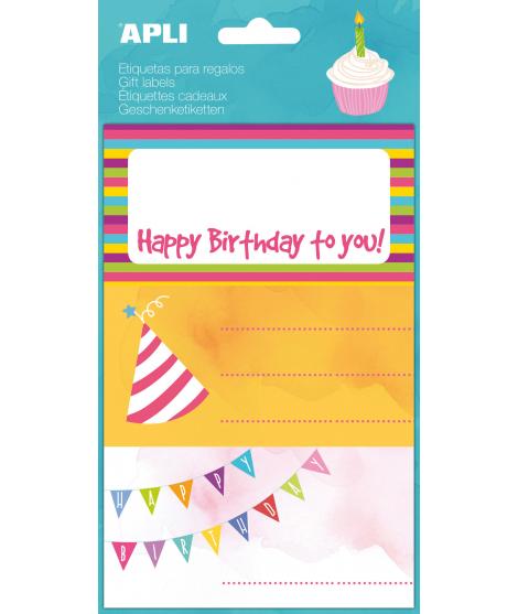 Apli Etiquetas Adhesivas Happy Birthday - Tamaño 76x39mm - 9 Etiquetas en 3 Hojas - Adhesivo Permanente de Alta Calidad - Ideal 