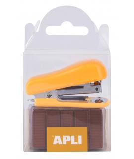 Apli Pocket Grapadora Naranja - Tamaño 56mm - Compacta y Ligera - Capacidad de Grapado Hasta 20 Hojas - Incluye 2000 Grapas del 