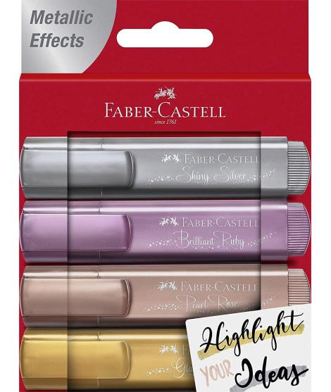 Faber-Castell Textliner 46 Metallic Pack de 4 Marcadores Fluorescentes - Punta Biselada - Trazo entre 1mm y 5mm - Tinta con Base