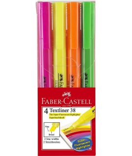 Faber-Castell Textliner 38 Pack de 4 Marcadores Fluorescentes - Cuerpo Fino - Punta Biselada - Trazo Grueso y Fino - Tinta con B