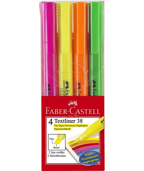 Faber-Castell Textliner 38 Pack de 4 Marcadores Fluorescentes - Cuerpo Fino - Punta Biselada - Trazo Grueso y Fino - Tinta con B