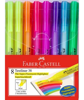 Faber-Castell Textliner 38 Pack de 8 Marcadores Fluorescentes - Cuerpo Fino - Punta Biselada - Trazo Grueso y Fino - Tinta con B