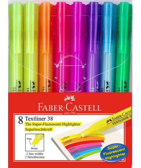 Faber-Castell Textliner 38 Pack de 8 Marcadores Fluorescentes - Cuerpo Fino - Punta Biselada - Trazo Grueso y Fino - Tinta con B