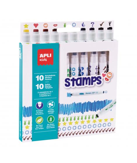 Apli Rotuladores Stamps - Ø 14.4x137 mm - Doble Punta con Sello y Color - 10 Colores/Sellos Diferentes - Cuerpo Cilindrico y Pun