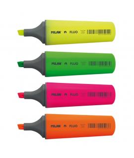 Milan Fluo Pack de 4 Marcadores Fluorescentes - Punta Biselada 1 - 4.8mm - Colores Amarillo, Naranja, Rosa y Verde