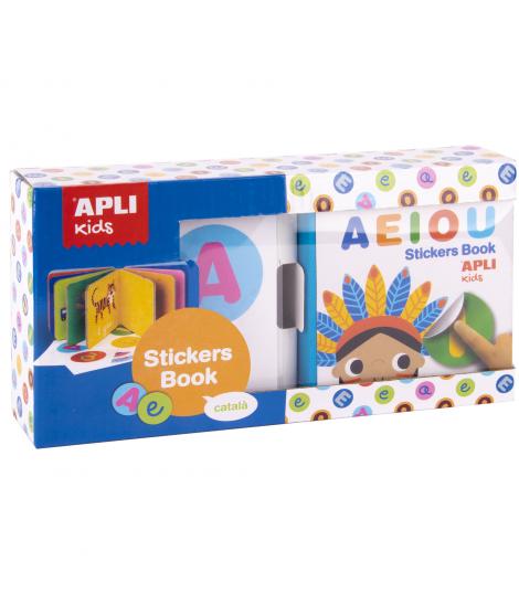 Apli Libro de Pegatinas Educativo Vocales - Tamaño 100x100x40 - 10 Paginas de Carton Rigido de 3mm - 5 Hojas de Gomets Removible