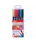 Apli Brush Marker Pack de 6 Rotuladores Acuarelables de Doble Punta - Punta Pincel de 1-4mm y Punta Redonda de 1mm - Tinta Base 