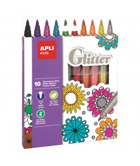 Apli Kids Rotuladores Glitter - Ø 12x137 mm - Cuerpo Cilindrico y Punta Redonda Bloqueada de Ø 3.8 mm - Colores Surtidos - Lavab