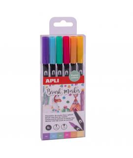 Apli Rotuladores Acuarelables de Doble Punta - 1-4mm y 1mm - Tonos Pastel - Tinta Base Agua - Mezclables - Pack 6 Colores