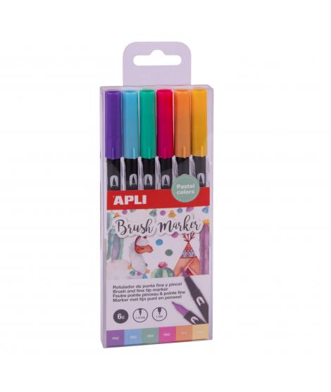 Apli Rotuladores Acuarelables de Doble Punta - 1-4mm y 1mm - Tonos Pastel - Tinta Base Agua - Mezclables - Pack 6 Colores