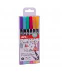 Apli Brush Marker Pack de 6 Rotuladores Acuarelables de Doble Punta - Punta Pincel de 1-4mm y Punta Redonda de 1mm - Tinta Base 