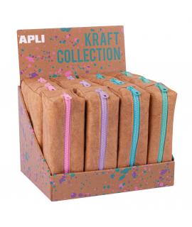 Apli Kraft Collection Expositor de 12 Estuches Compactos con Cremallera de Colores Pastel - Estuches de 185x75x55mm con Gran Cap