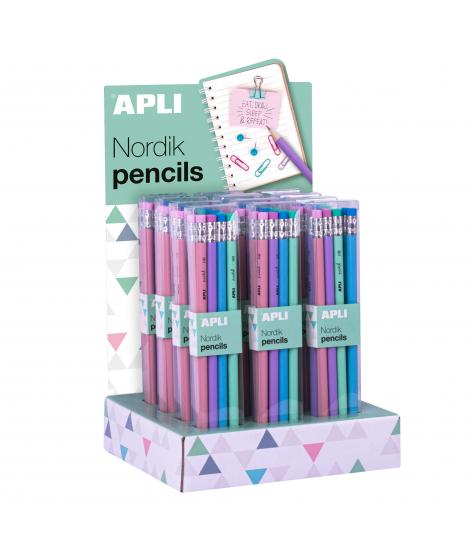 Apli Nordik Collection Expositor de 12 Packs de 8 Lapices de Grafito HB 2mm con Goma de Borrar - Colores Rosa, Lila, Turquesa y 