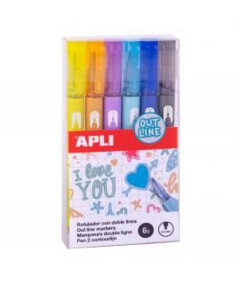 Apli Rotuladores Doble Linea - 5.5mm - Base de Alcohol - Pack 6 Colores - Escritura Interior Plata con Contorno de Color - Ideal