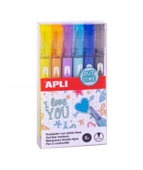 Apli Rotuladores Doble Linea - 5.5mm - Base de Alcohol - Pack 6 Colores - Escritura Interior Plata con Contorno de Color - Ideal