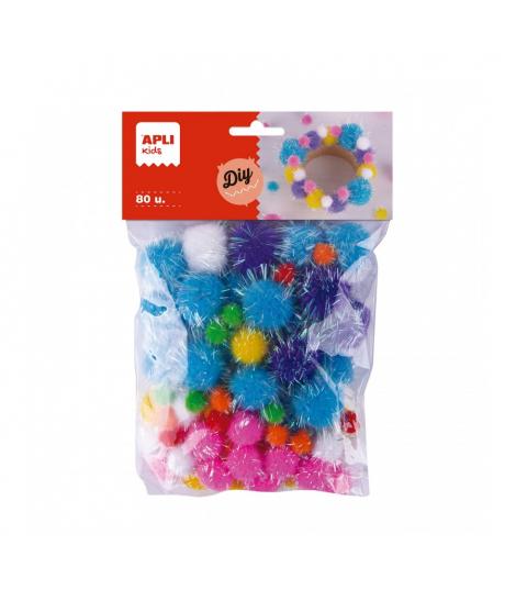 Apli Kids Bolsa de 80 Pompones Glitter - Tamaños 10mm, 20mm, 25mm - Colores Surtidos