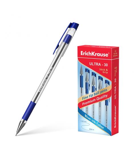 Erichkrause Boligrafo Ultra-30 - Recargable con Punta Fina Fine Tip - Cuerpo Transparente con Agarre de Goma - Tinta de Secado R